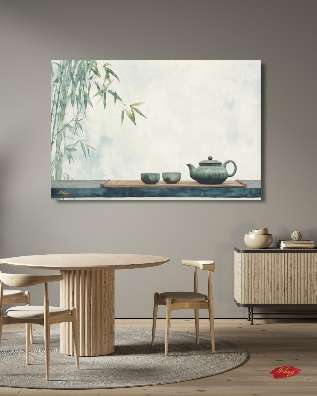 Zen Bamboo Tea Wall Art, Japanese Minimalist Art Print, Asian Tea Ceremony Decor, Framed Canvas Poster, Green Kitchen Wall Decor