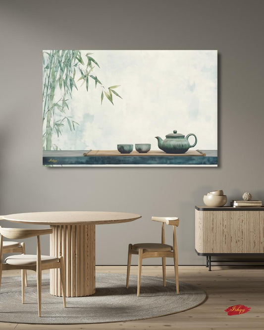 Zen Bamboo Tea Wall Art, Japanese Minimalist Art Print, Asian Tea Ceremony Decor, Framed Canvas Poster, Green Kitchen Wall Decor