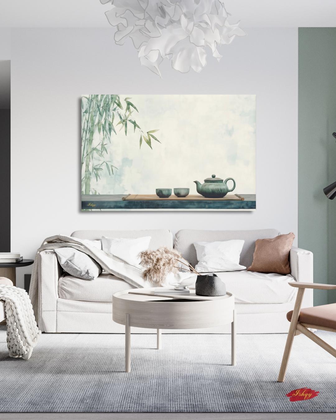 Zen Bamboo Tea Wall Art, Japanese Minimalist Art Print, Asian Tea Ceremony Decor, Framed Canvas Poster, Green Kitchen Wall Decor