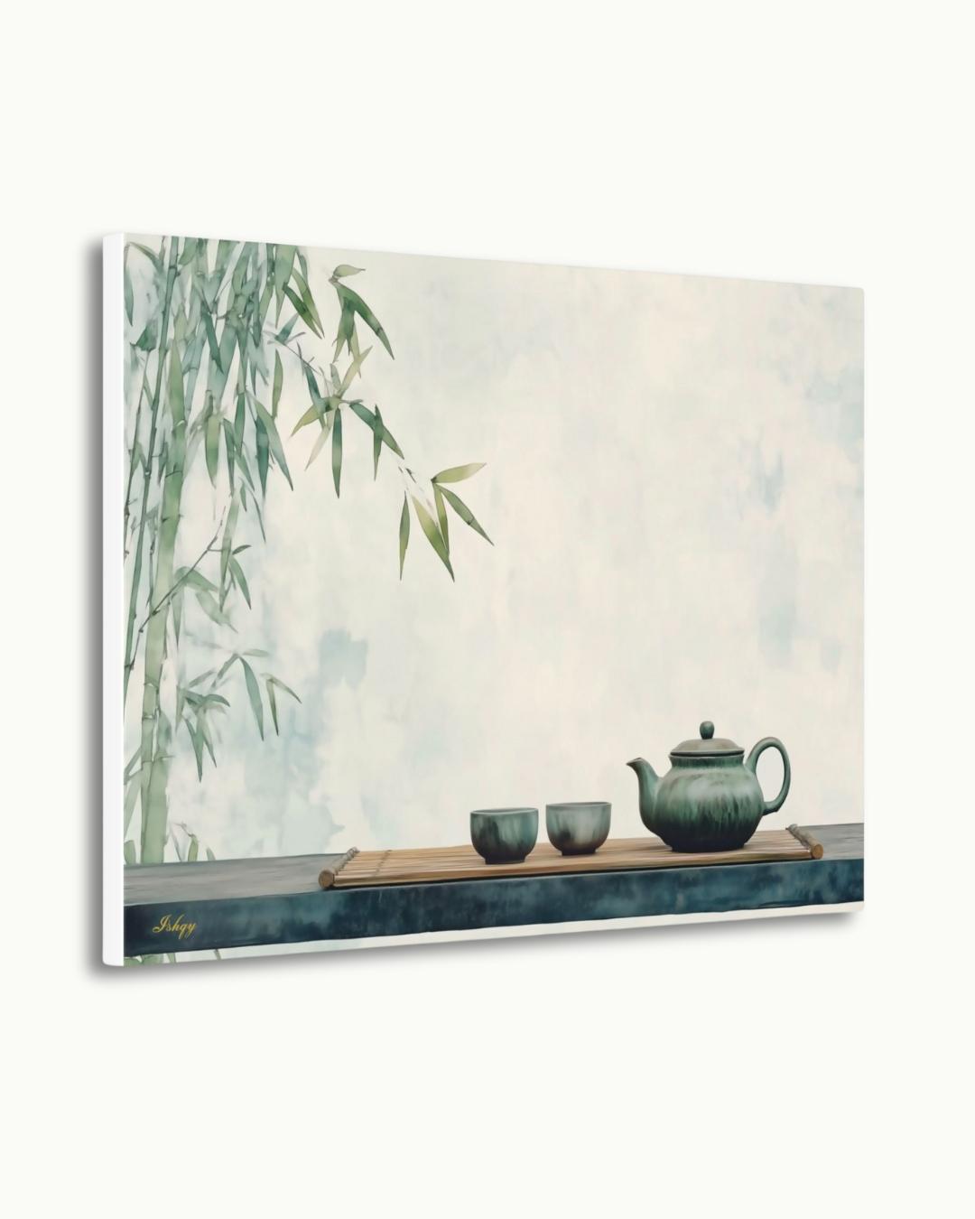 Zen Bamboo Tea Wall Art, Japanese Minimalist Art Print, Asian Tea Ceremony Decor, Framed Canvas Poster, Green Kitchen Wall Decor