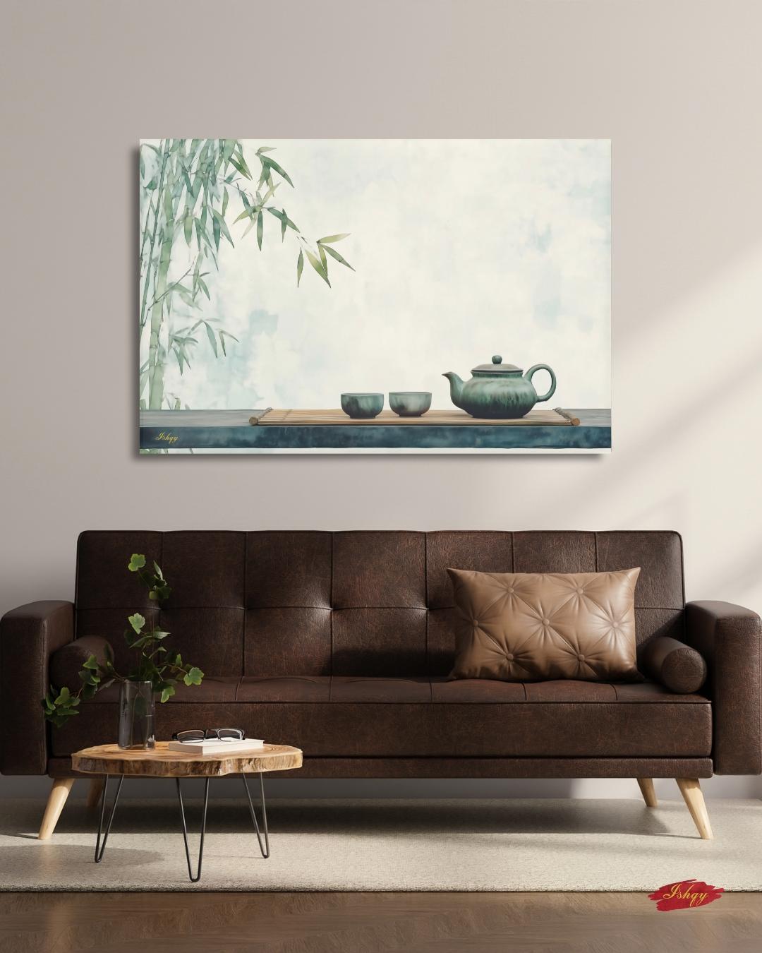 Zen Bamboo Tea Wall Art, Japanese Minimalist Art Print, Asian Tea Ceremony Decor, Framed Canvas Poster, Green Kitchen Wall Decor
