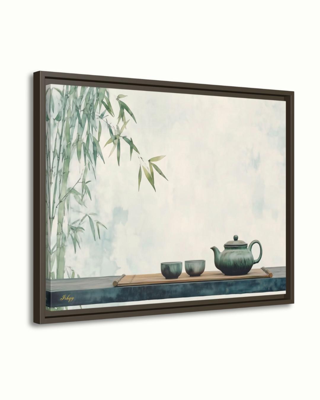 Zen Bamboo Tea Wall Art, Japanese Minimalist Art Print, Asian Tea Ceremony Decor, Framed Canvas Poster, Green Kitchen Wall Decor