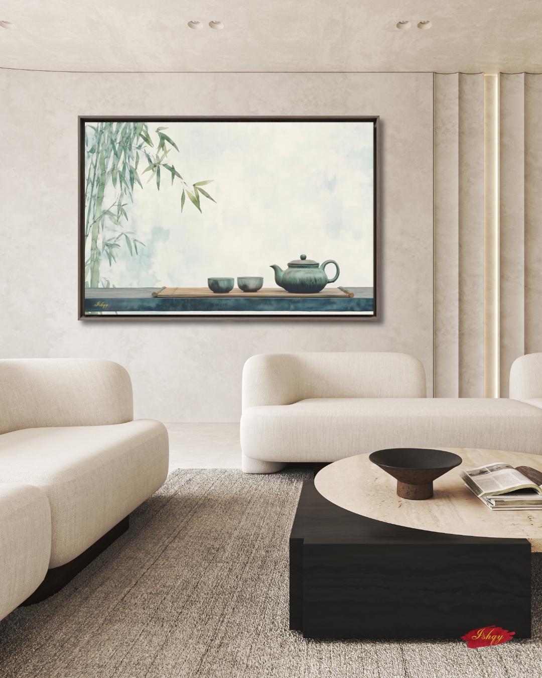 Zen Bamboo Tea Wall Art, Japanese Minimalist Art Print, Asian Tea Ceremony Decor, Framed Canvas Poster, Green Kitchen Wall Decor