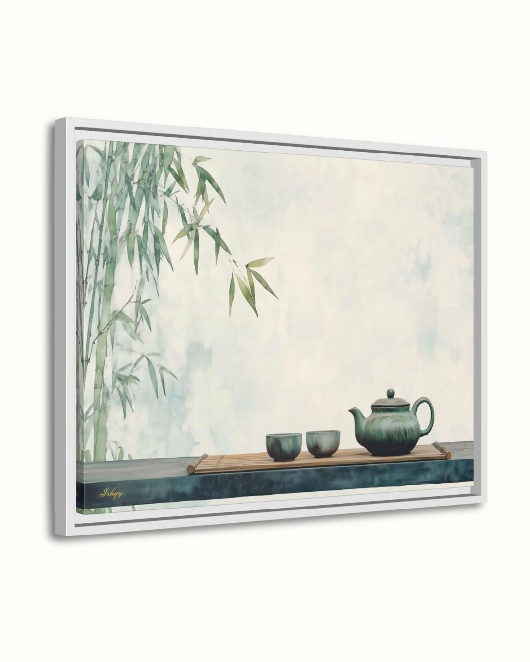 Zen Bamboo Tea Wall Art, Japanese Minimalist Art Print, Asian Tea Ceremony Decor, Framed Canvas Poster, Green Kitchen Wall Decor