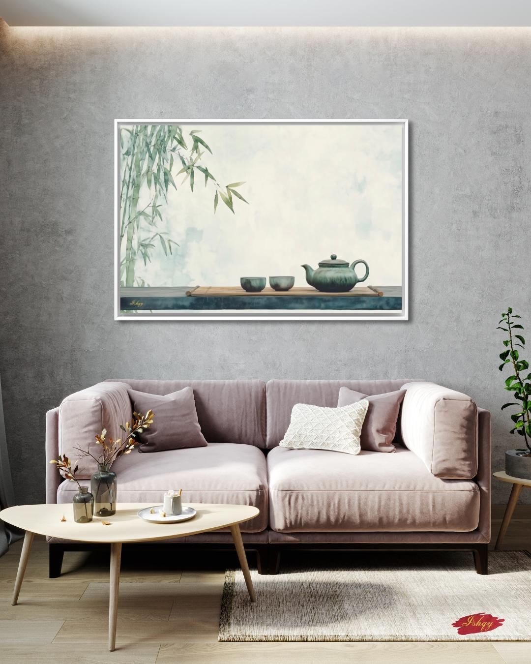 Zen Bamboo Tea Wall Art, Japanese Minimalist Art Print, Asian Tea Ceremony Decor, Framed Canvas Poster, Green Kitchen Wall Decor