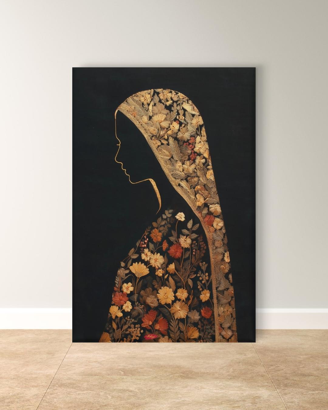 Chadar Kashmiri woman wall art print. Canvas & framed canvas. Sozni embroidery-inspired, honoring Kashmiri culture with timeless elegance.
