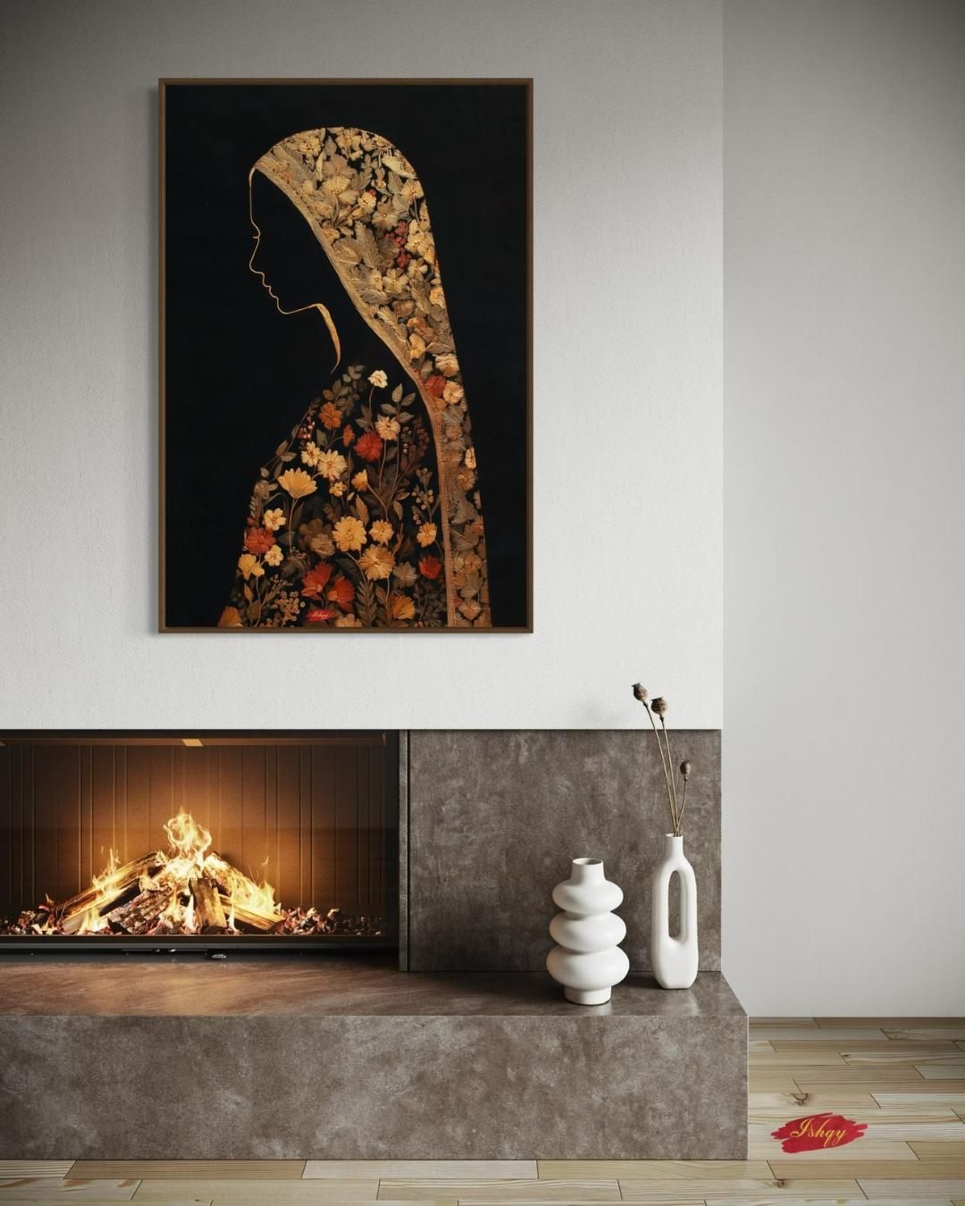 Chadar Kashmiri woman wall art print. Canvas & framed canvas. Sozni embroidery-inspired, honoring Kashmiri culture with timeless elegance.