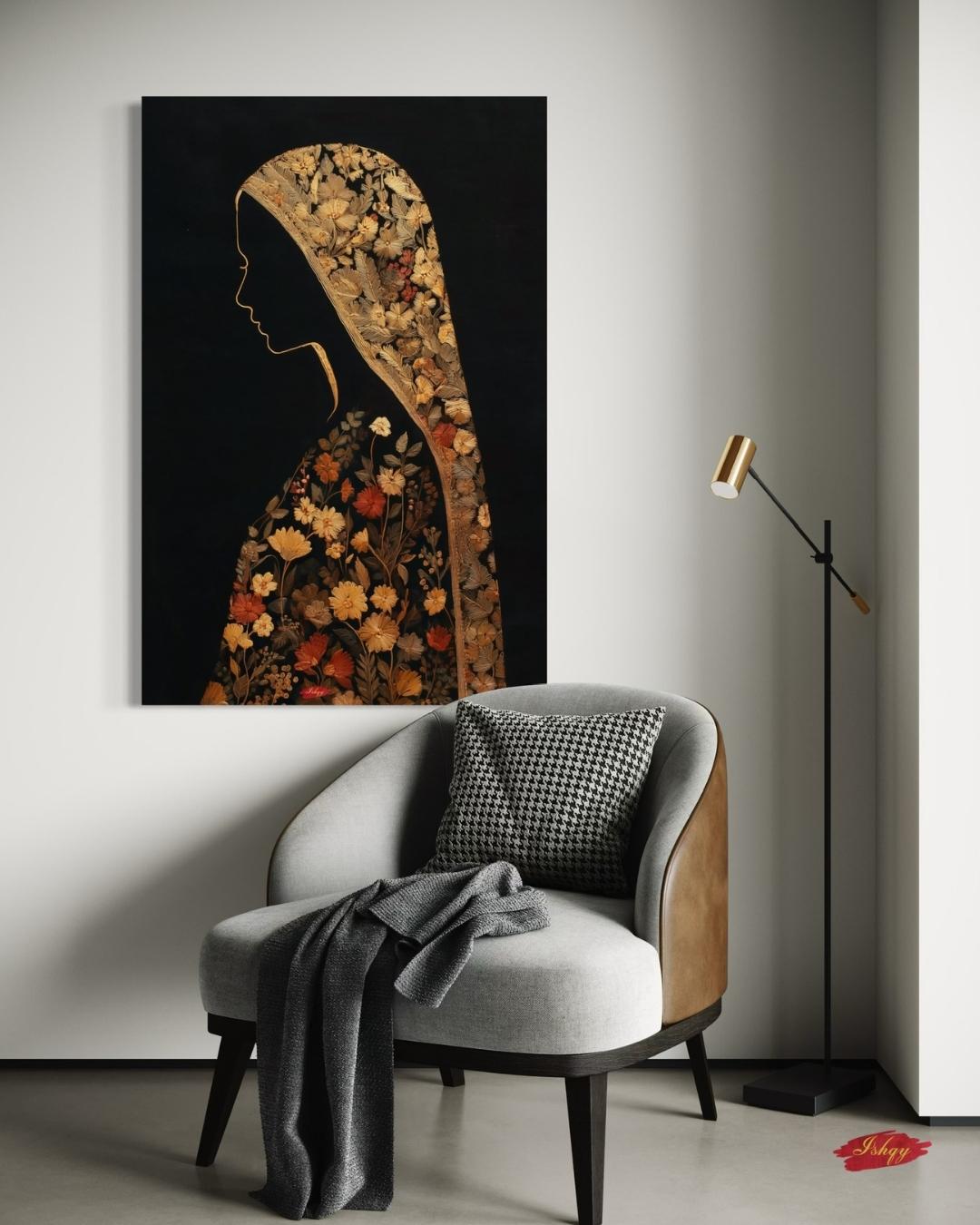 Chadar Kashmiri woman wall art print. Canvas & framed canvas. Sozni embroidery-inspired, honoring Kashmiri culture with timeless elegance.