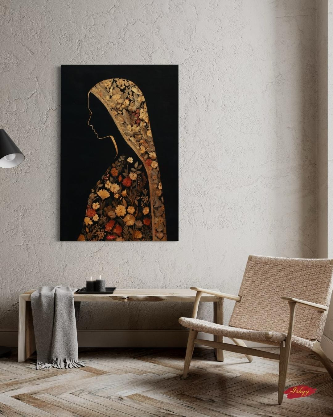 Chadar Kashmiri woman wall art print. Canvas & framed canvas. Sozni embroidery-inspired, honoring Kashmiri culture with timeless elegance.