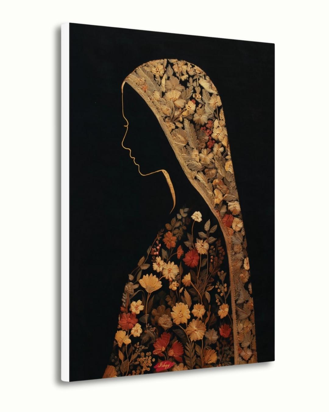 Chadar Kashmiri woman wall art print. Canvas & framed canvas. Sozni embroidery-inspired, honoring Kashmiri culture with timeless elegance.