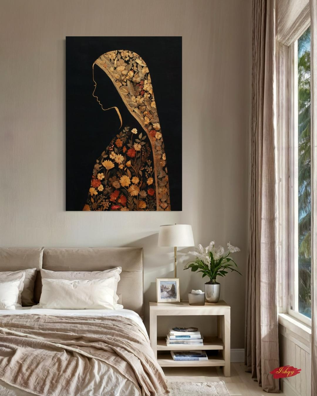 Chadar Kashmiri woman wall art print. Canvas & framed canvas. Sozni embroidery-inspired, honoring Kashmiri culture with timeless elegance.