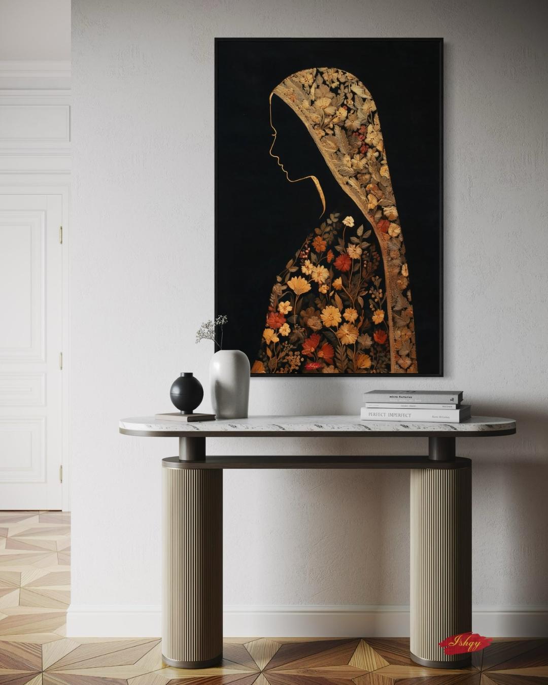 Chadar Kashmiri woman wall art print. Canvas & framed canvas. Sozni embroidery-inspired, honoring Kashmiri culture with timeless elegance.