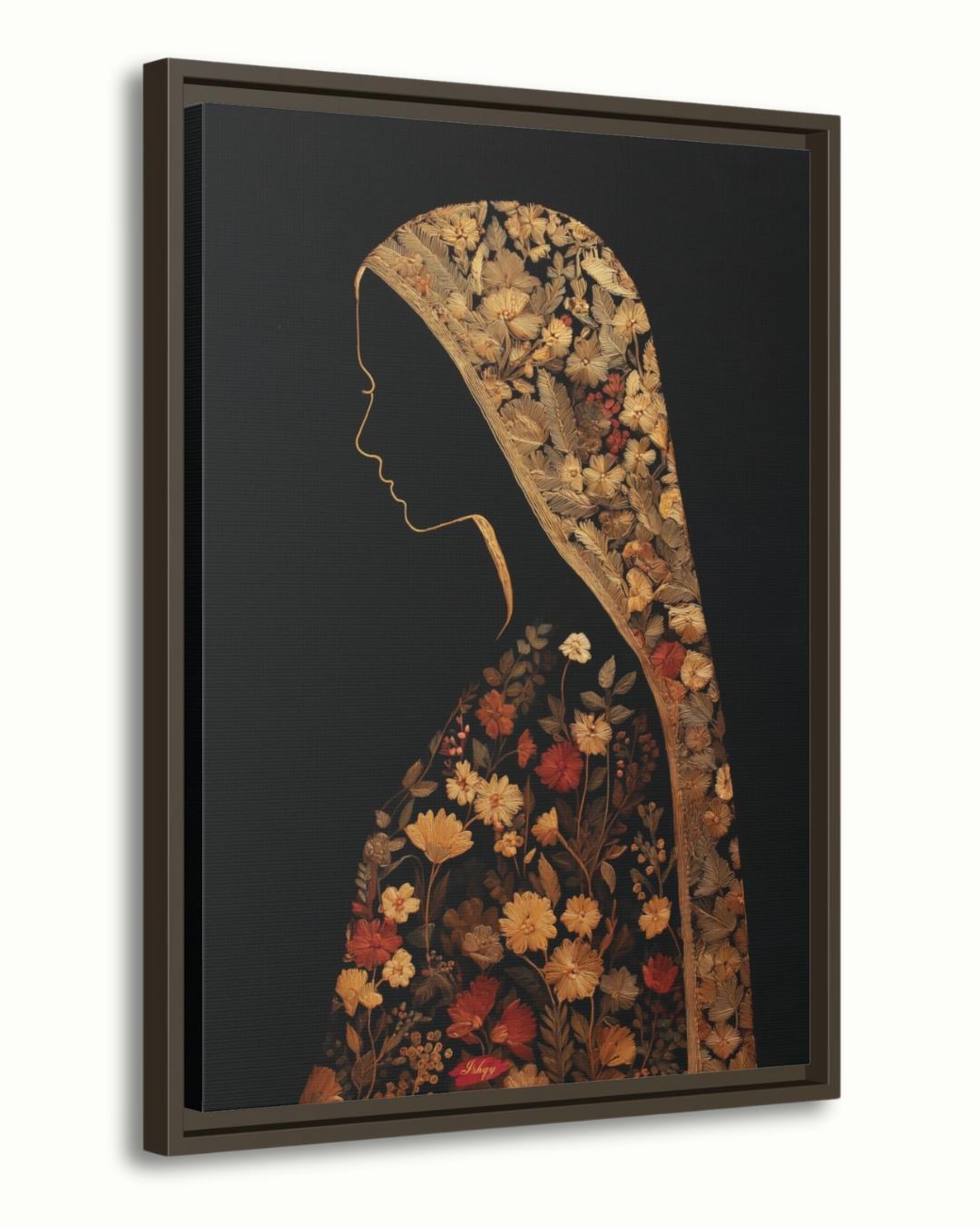 Chadar Kashmiri woman wall art print. Canvas & framed canvas. Sozni embroidery-inspired, honoring Kashmiri culture with timeless elegance.
