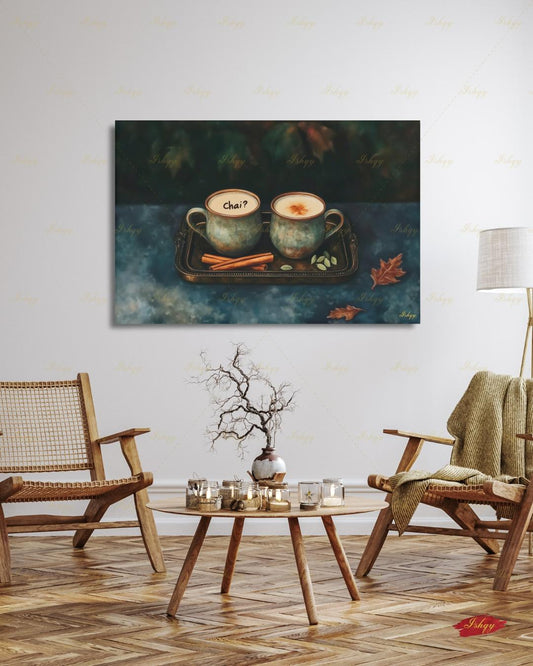 Chai Tea Wall Art, Indian Masala Chai Canvas Print, Cozy Dark Moody Kitchen Decor, Autumn Tea Lover Housewarming Framed Canvas Gift