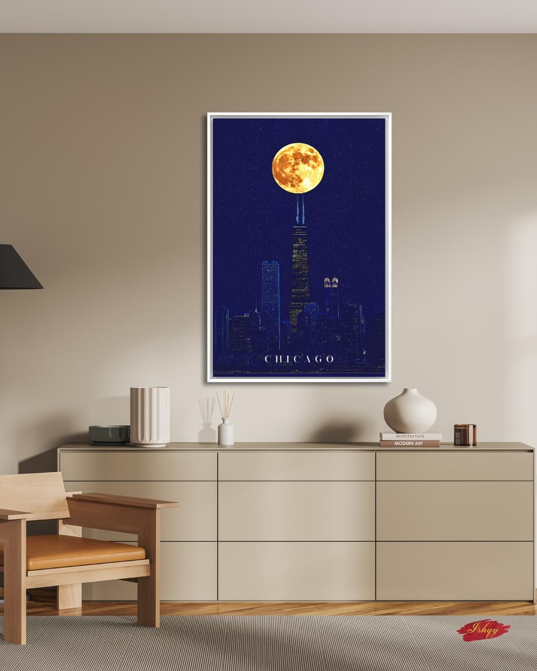 Chicago Wall Art, Willis Tower Full Moon Canvas Print, Dark Navy Night Skyline Decor, Moody City Art, Chicago Housewarming Framed Canvas