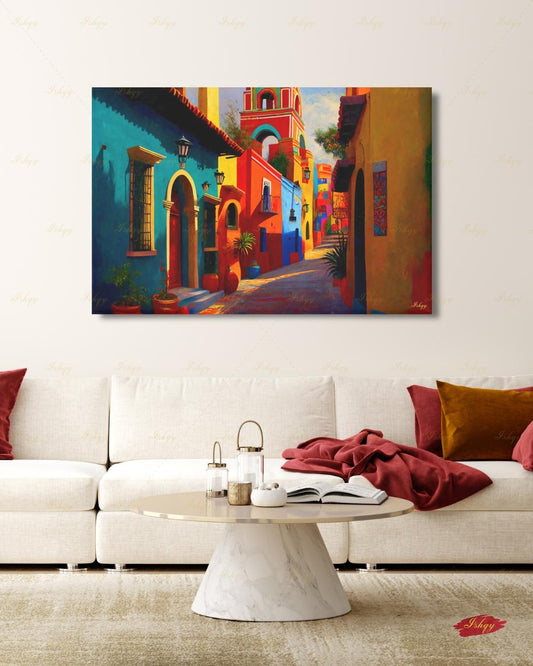 Oversized Guanajuato Canvas Wall Art, Mexico Colonial Street Framed Canvas Print, Above Fireplace Art, Extra Large Textured Above Bed Decor SEO tags: above fireplace art, oversized wall art, above bed art, extra large wall art, textured wall art, apartment decor, mexican wall art, large wall art, above couch art, mexico wall art, housewarming gift, terracotta wall art, canvas wall art