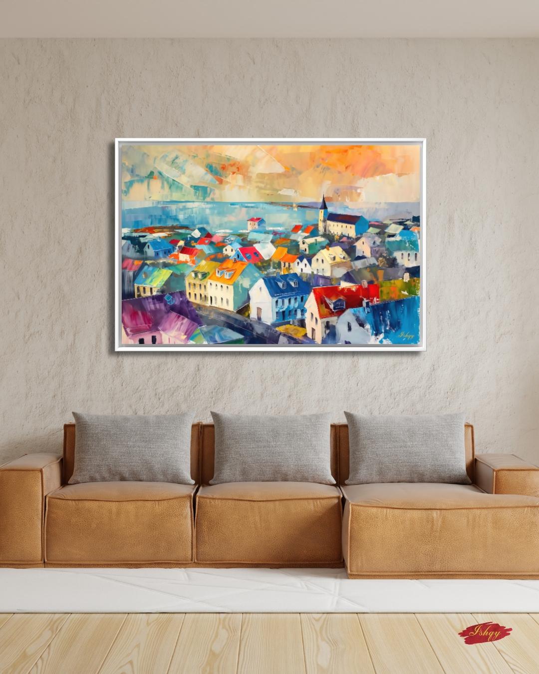 Reykjavik Wall Art, Iceland Cityscape Canvas, Colorful Nordic Rooftops Painting Print, Scandinavian Travel Home Decor Artwork