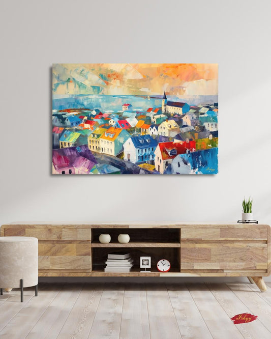 Reykjavik Wall Art, Iceland Cityscape Canvas, Colorful Nordic Rooftops Painting Print, Scandinavian Travel Home Decor Artwork