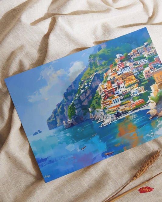 Amalfi Coast Italy Seaside Village Painting, Vibrant Mediterranean Coastal Wall Art Canvas, Italian Cliffside Town Ocean Print Home Decor