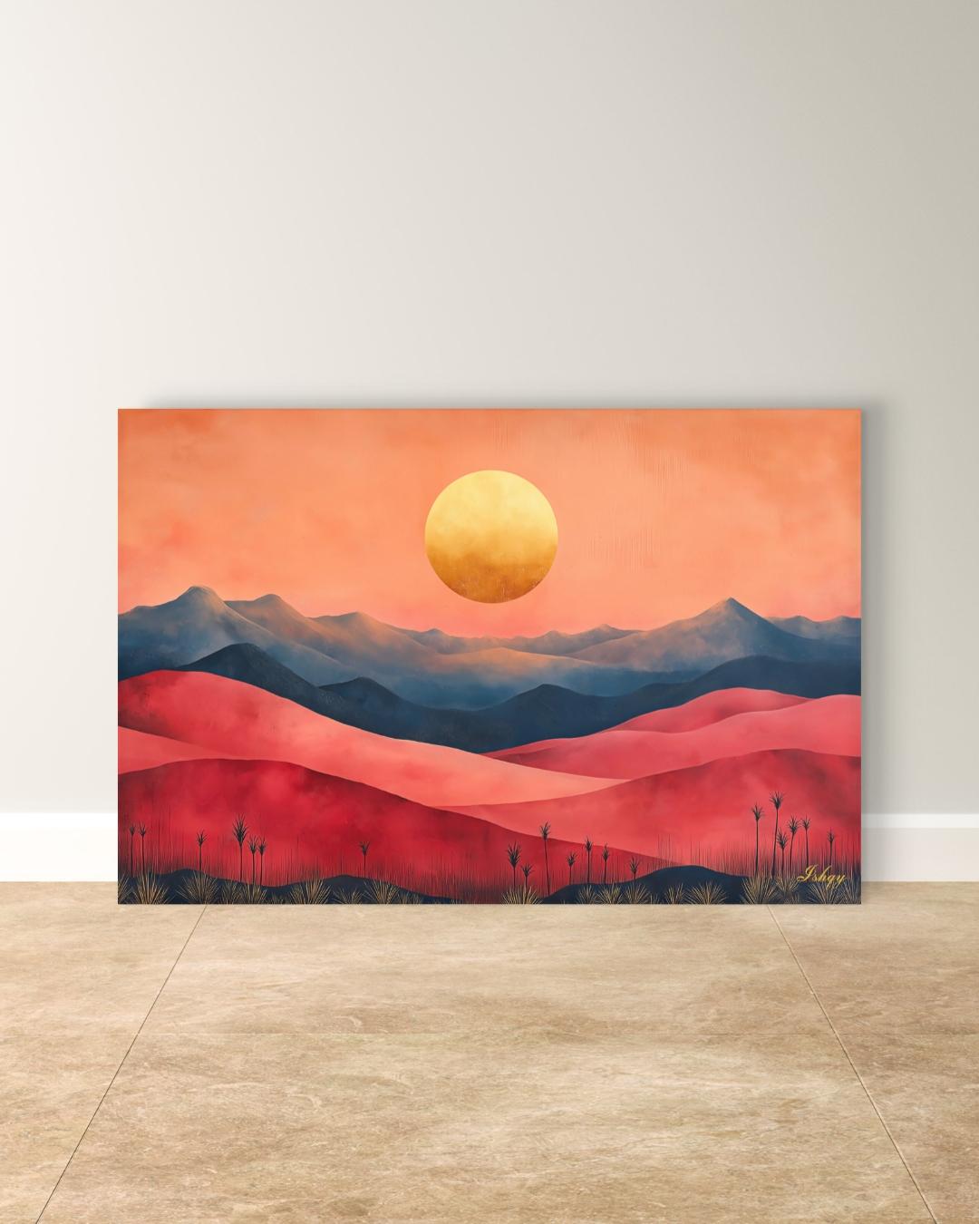 Red Desert Landscape Wall Art Print, Sunset Canvas with Mountains and Golden Sun, Modern Nature Painting, Framed Canvas Home Decor