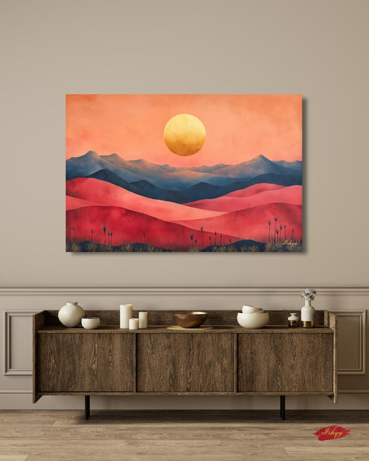 Red Desert Landscape Wall Art Print, Sunset Canvas with Mountains and Golden Sun, Modern Nature Painting, Framed Canvas Home Decor