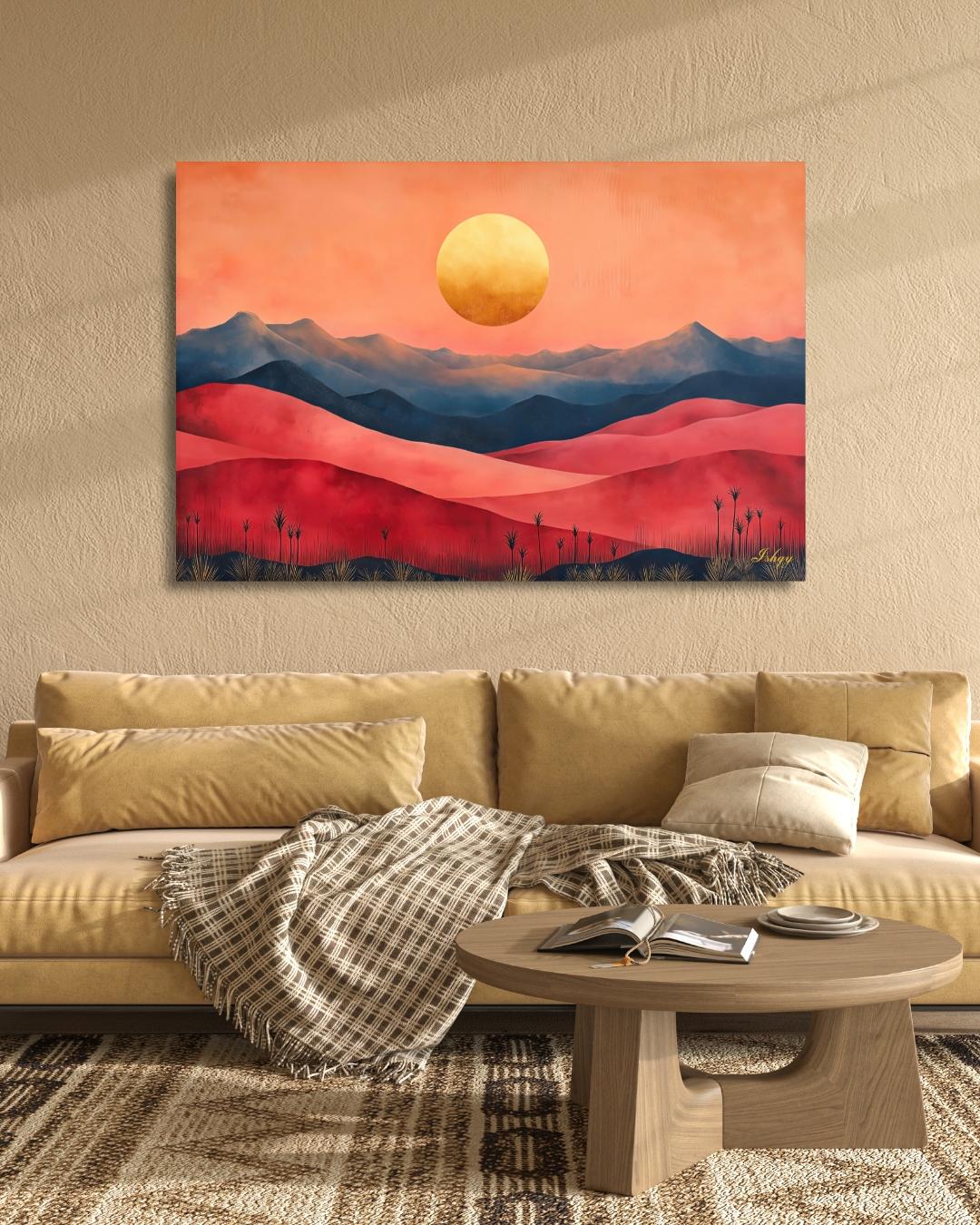 Red Desert Landscape Wall Art Print, Sunset Canvas with Mountains and Golden Sun, Modern Nature Painting, Framed Canvas Home Decor