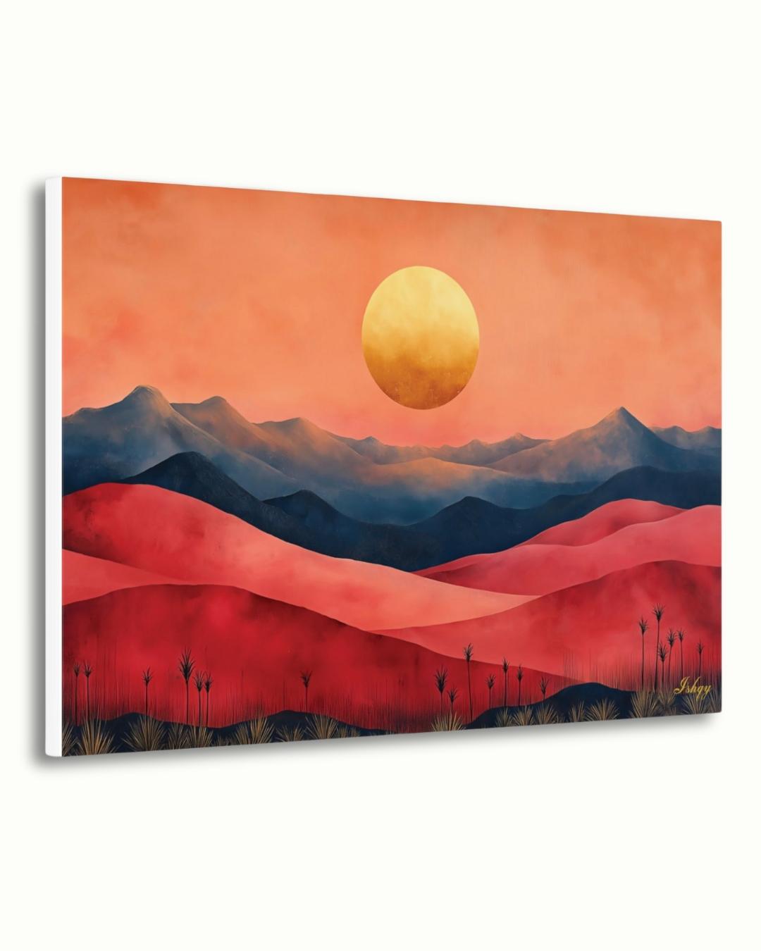 Red Desert Landscape Wall Art Print, Sunset Canvas with Mountains and Golden Sun, Modern Nature Painting, Framed Canvas Home Decor