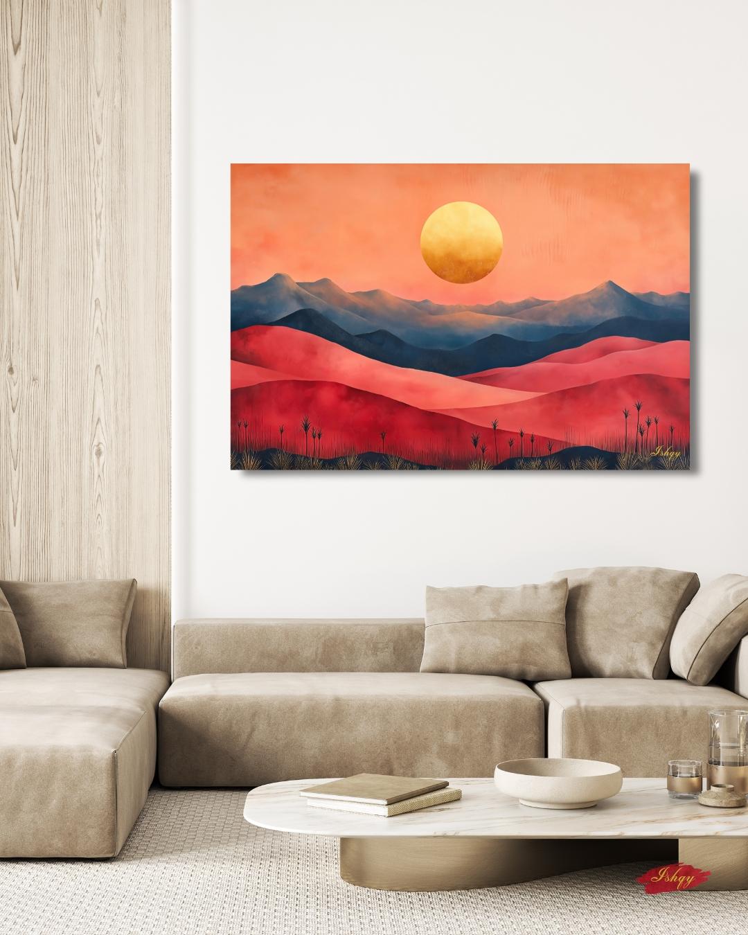 Red Desert Landscape Wall Art Print, Sunset Canvas with Mountains and Golden Sun, Modern Nature Painting, Framed Canvas Home Decor