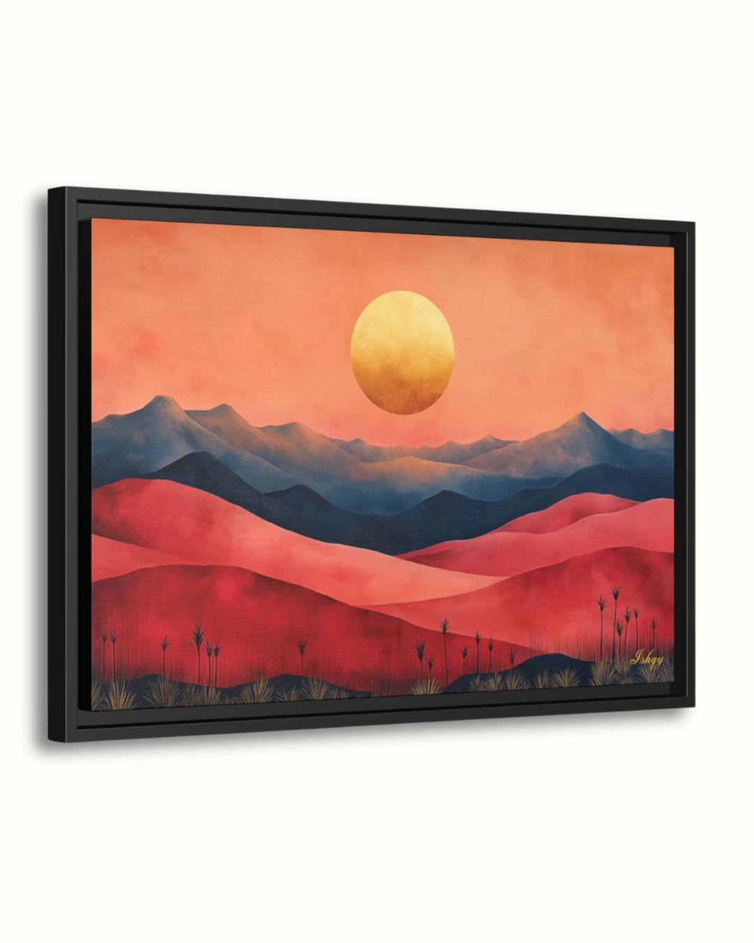 Red Desert Landscape Wall Art Print, Sunset Canvas with Mountains and Golden Sun, Modern Nature Painting, Framed Canvas Home Decor