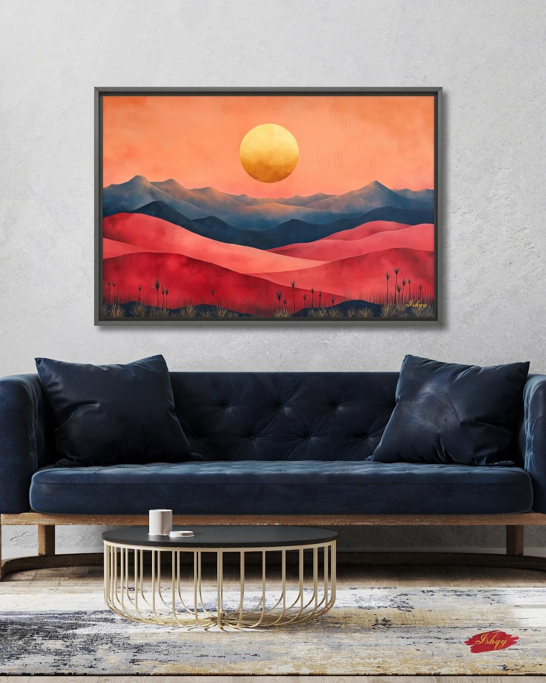 Red Desert Landscape Wall Art Print, Sunset Canvas with Mountains and Golden Sun, Modern Nature Painting, Framed Canvas Home Decor
