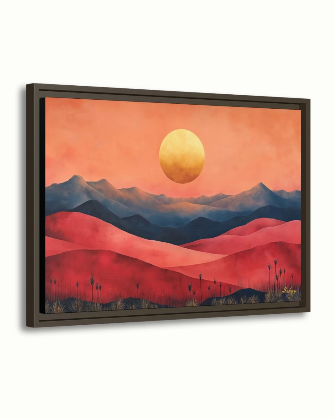 Red Desert Landscape Wall Art Print, Sunset Canvas with Mountains and Golden Sun, Modern Nature Painting, Framed Canvas Home Decor