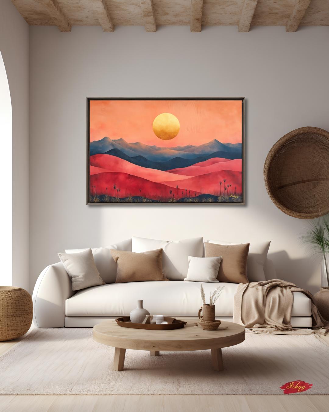 Red Desert Landscape Wall Art Print, Sunset Canvas with Mountains and Golden Sun, Modern Nature Painting, Framed Canvas Home Decor