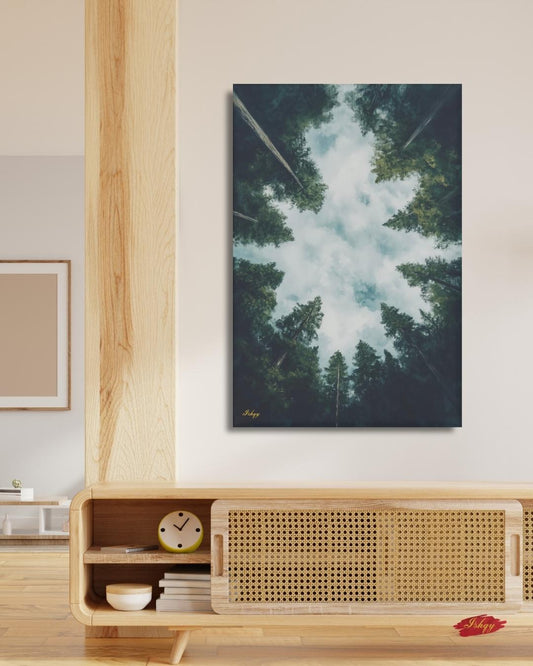 Forest Wall Art, Looking Up Trees Print, Redwood Canopy Canvas, Moody Nature Landscape, Pine Tree Sky View, Large Wall Decor Gift, Cabin Art