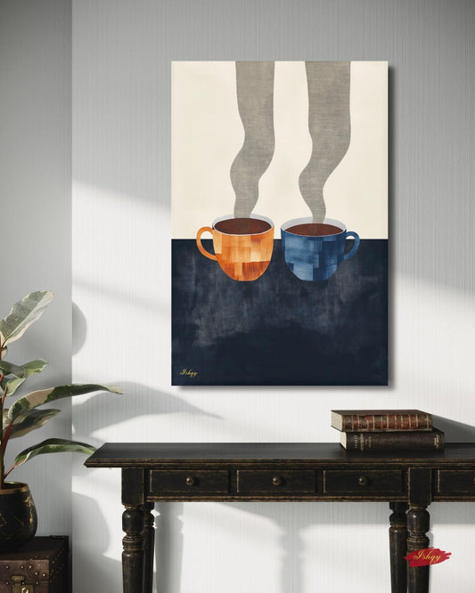 Coffee Wall Art, Minimalist Coffee Painting, Modern Kitchen Decor, Abstract Coffee Cups Canvas, Neutral Cafe Art for Home Kitchen