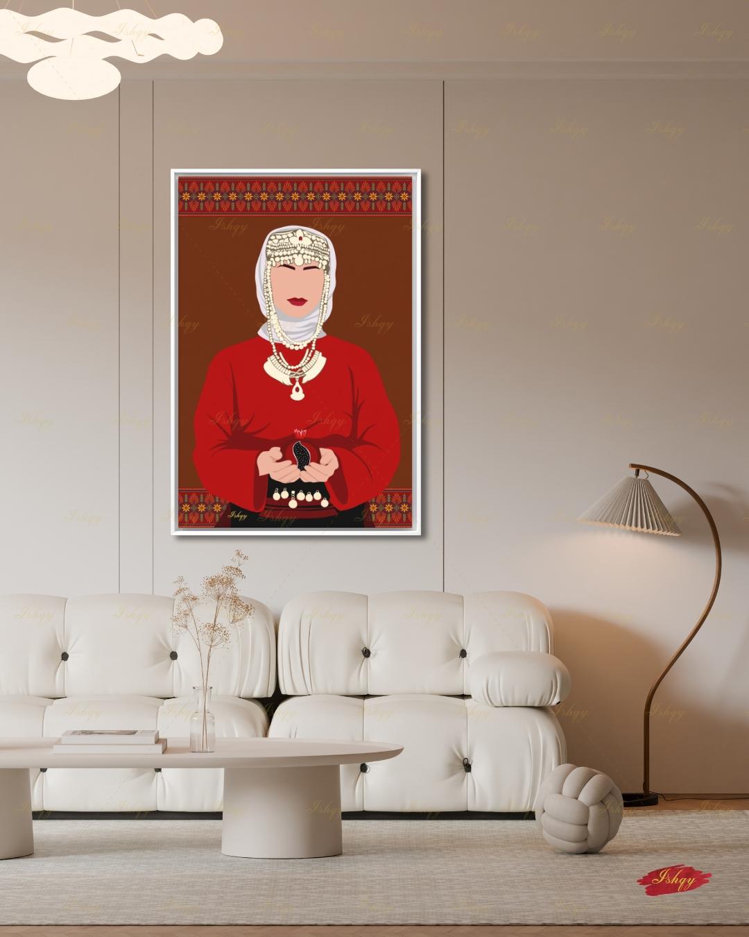 Armenian Woman Wall Art, Traditional Headdress Bridal Canvas Print, Pomegranate Cultural Decor, Pink Modern Folk Framed Canvas Gift