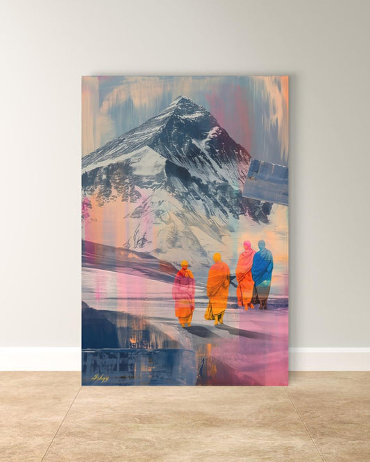 Tibetan Monks Painting Canvas Framed Canvas, Himalaya Mountain Art Print, Buddhist Wall Art For Meditation Room, Living Room Zen Home Decor
