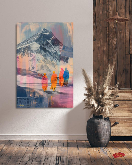 Tibetan Monks Painting Canvas Framed Canvas, Himalaya Mountain Art Print, Buddhist Wall Art For Meditation Room, Living Room Zen Home Decor