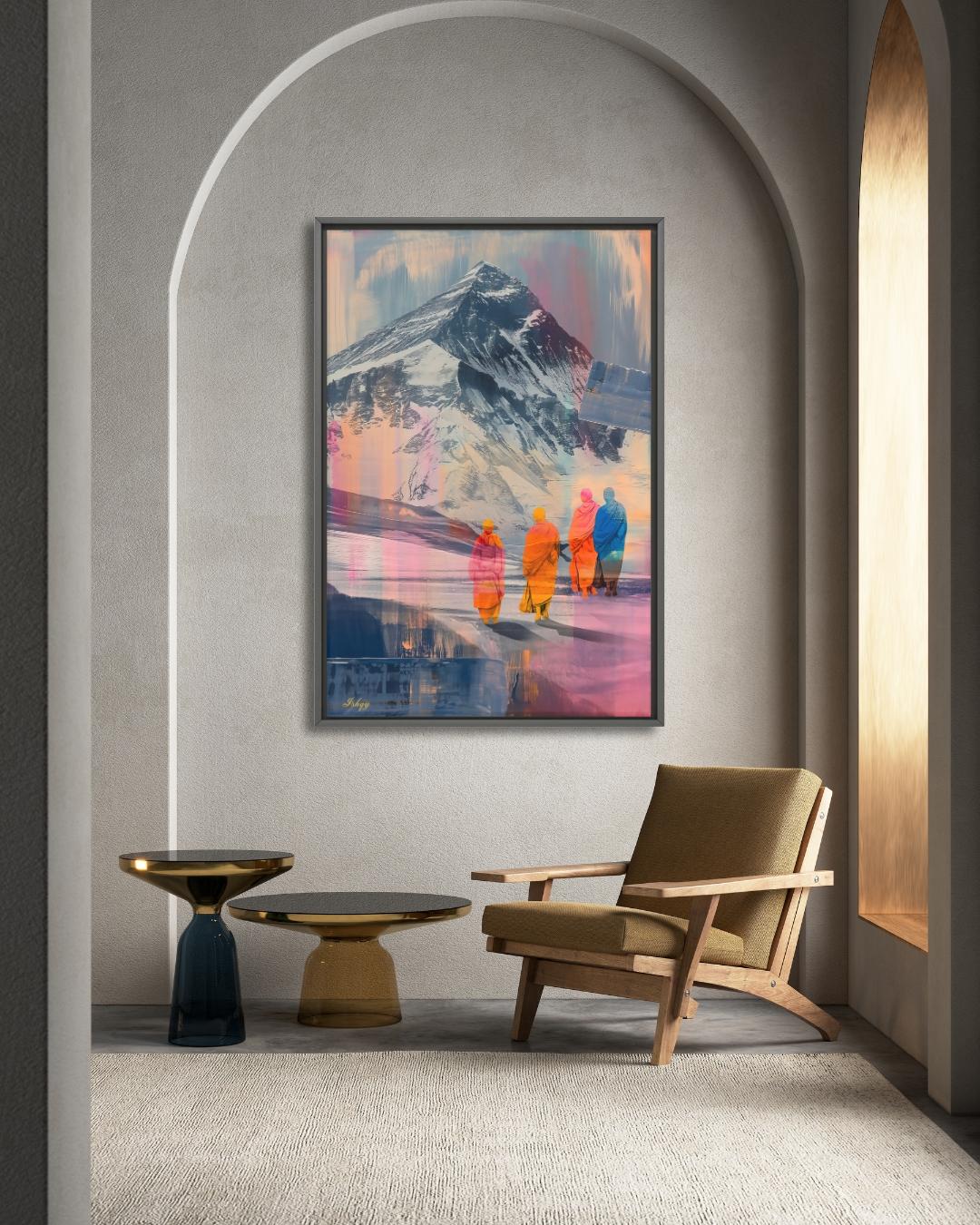 Tibetan Monks Painting Canvas Framed Canvas, Himalaya Mountain Art Print, Buddhist Wall Art For Meditation Room, Living Room Zen Home Decor