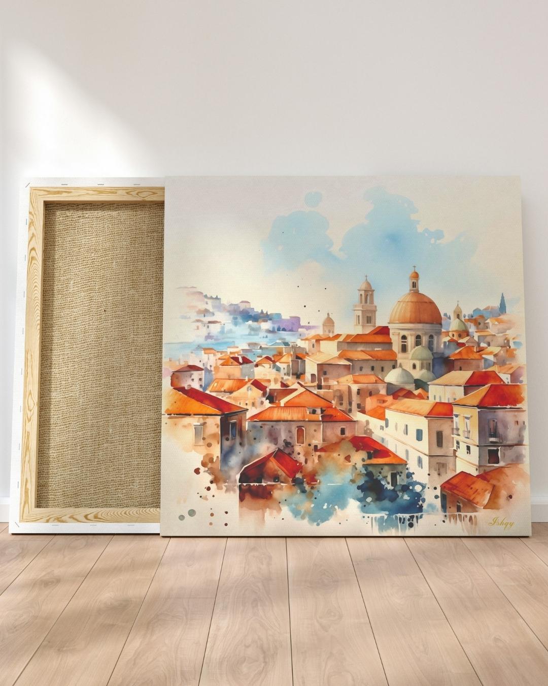 Dubrovnik Wall Art Canvas Print of Croatian Cityscape, Watercolor Painting with Terracotta Roofs, Square Travel Decor for Living Room
