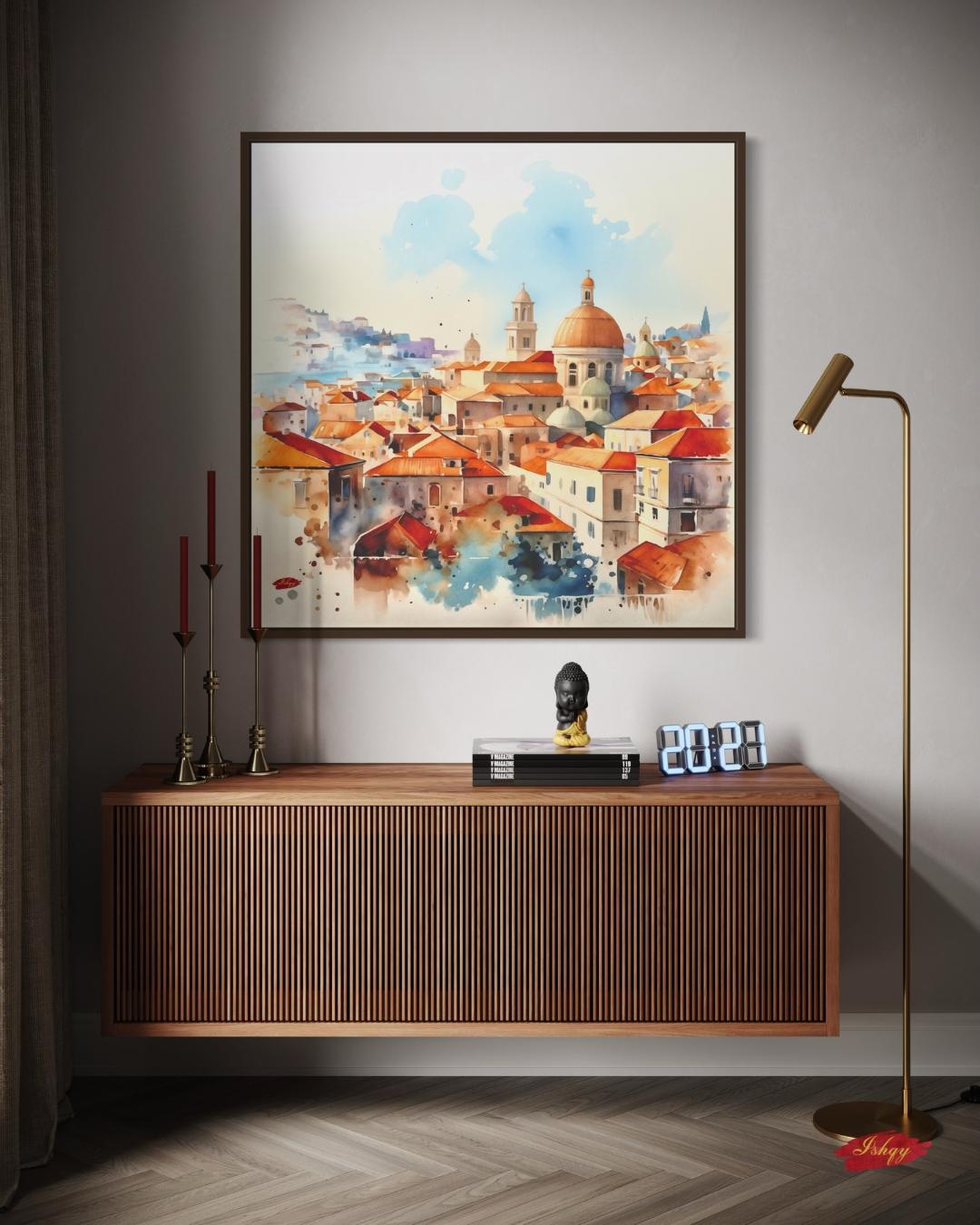 Dubrovnik Wall Art Canvas Print of Croatian Cityscape, Watercolor Painting with Terracotta Roofs, Square Travel Decor for Living Room