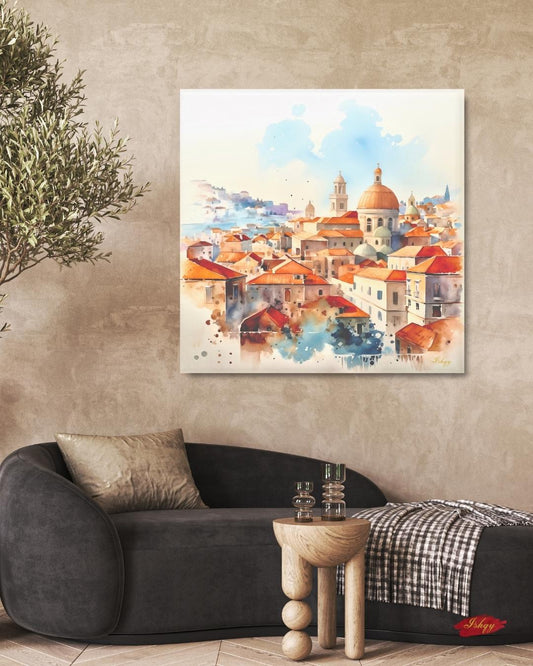 Dubrovnik Wall Art Canvas Print of Croatian Cityscape, Watercolor Painting with Terracotta Roofs, Square Travel Decor for Living Room