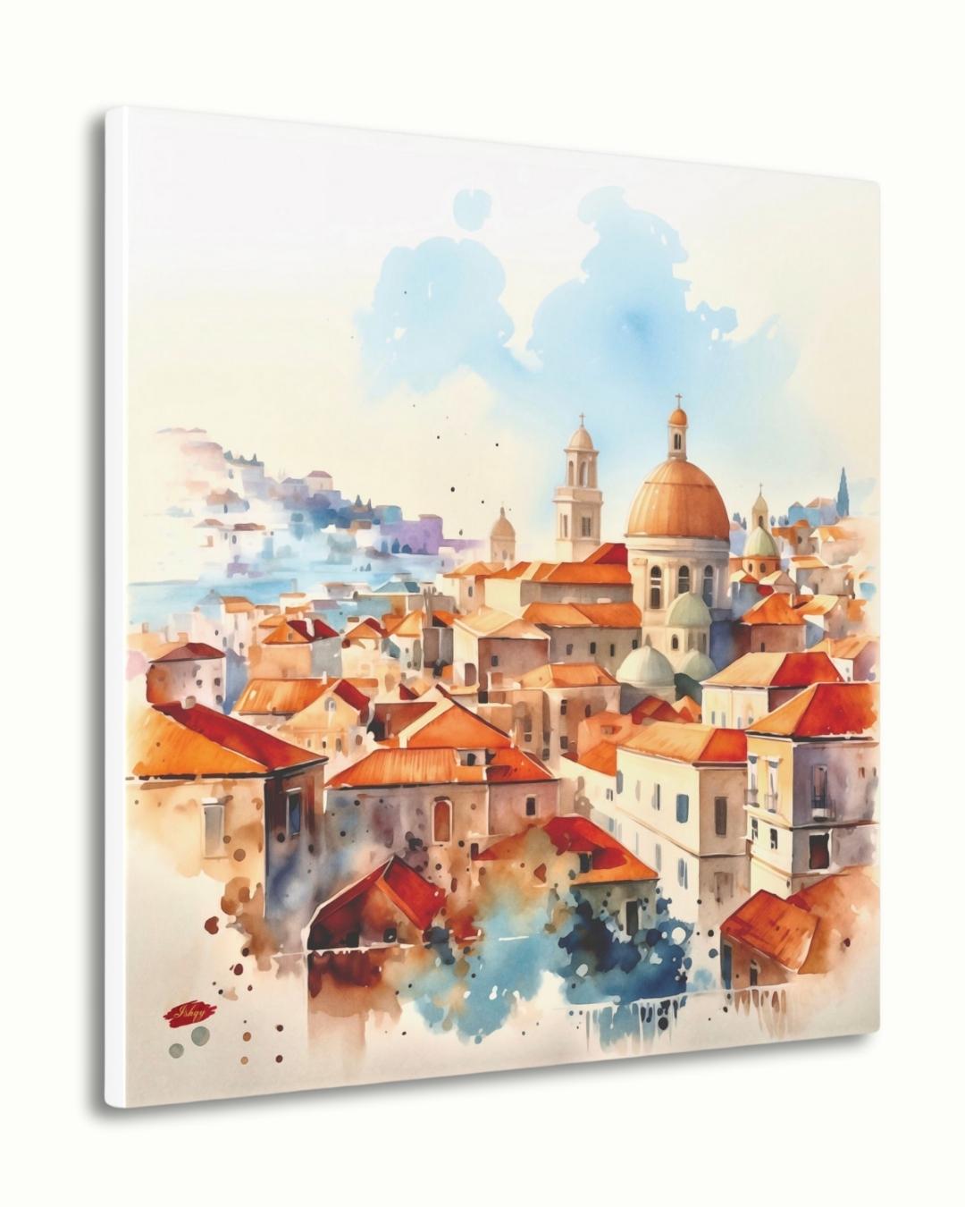 Dubrovnik Wall Art Canvas Print of Croatian Cityscape, Watercolor Painting with Terracotta Roofs, Square Travel Decor for Living Room