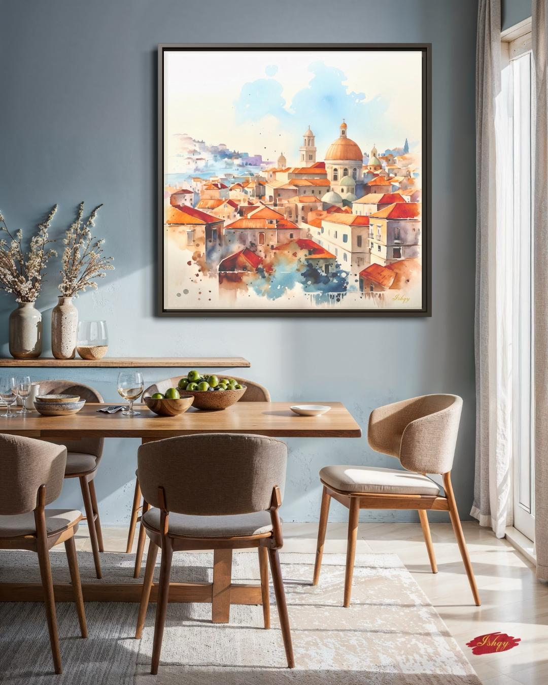 Dubrovnik Wall Art Canvas Print of Croatian Cityscape, Watercolor Painting with Terracotta Roofs, Square Travel Decor for Living Room