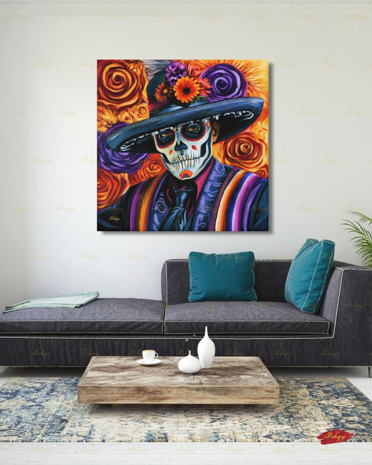 Day of the Dead Wall Art, Sugar Skull Sombrero Canvas Print, Dia de los Muertos Mexican Decor, Colorful Skeleton Framed Canvas Gift