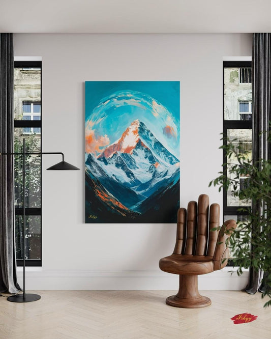 Everest Dawn is a breathtaking painting print depicting the majestic Mount Everest bathed in glowing morning light, with swirling skies and icy peaks. This striking art print captures the awe and serenity of the world’s tallest mountain, perfect for inspiring living spaces, offices, or meditation rooms. Available as canvas and framed canvas, it brings the grandeur of the Himalayas into your home decor.