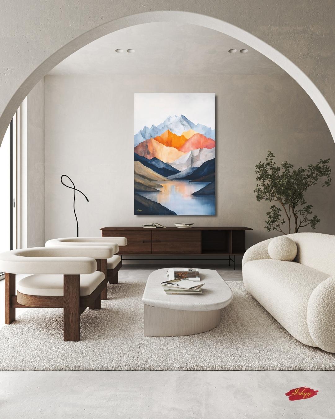 Abstract Mountain Landscape Painting Canvas Framed Canvas, Modern Minimalist Art Print, Neutral Lake Wall Art For Living Room Bedroom Decor