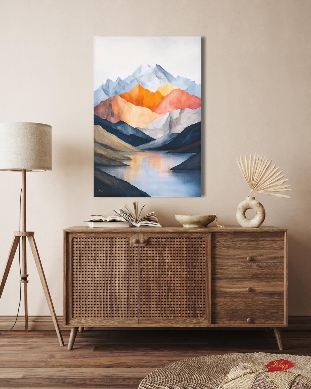 Abstract Mountain Landscape Painting Canvas Framed Canvas, Modern Minimalist Art Print, Neutral Lake Wall Art For Living Room Bedroom Decor
