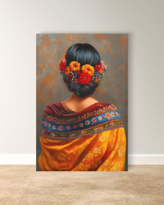 Mexican Woman Portrait Wall Art Print Canvas Framed Canvas, Floral Hair Folk Art Painting, Colorful Boho Decor for Bedroom Living Room Home