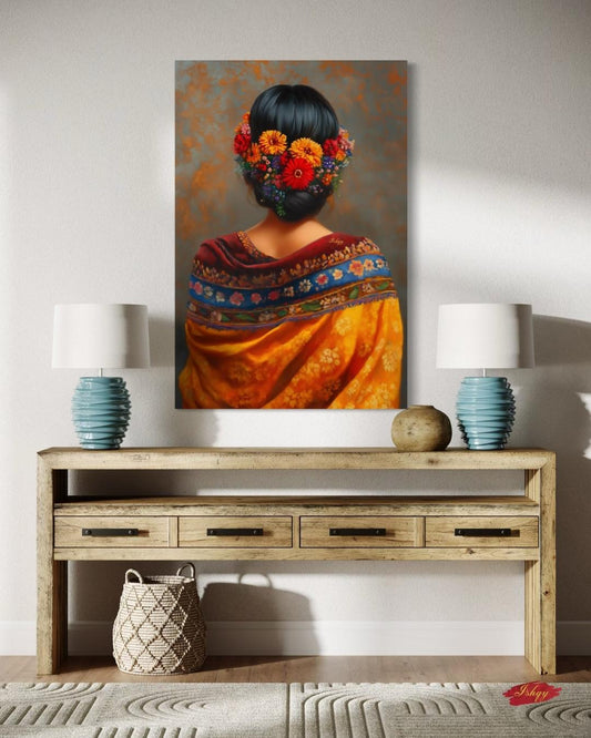 Mexican Woman Portrait Wall Art Print Canvas Framed Canvas, Floral Hair Folk Art Painting, Colorful Boho Decor for Bedroom Living Room Home