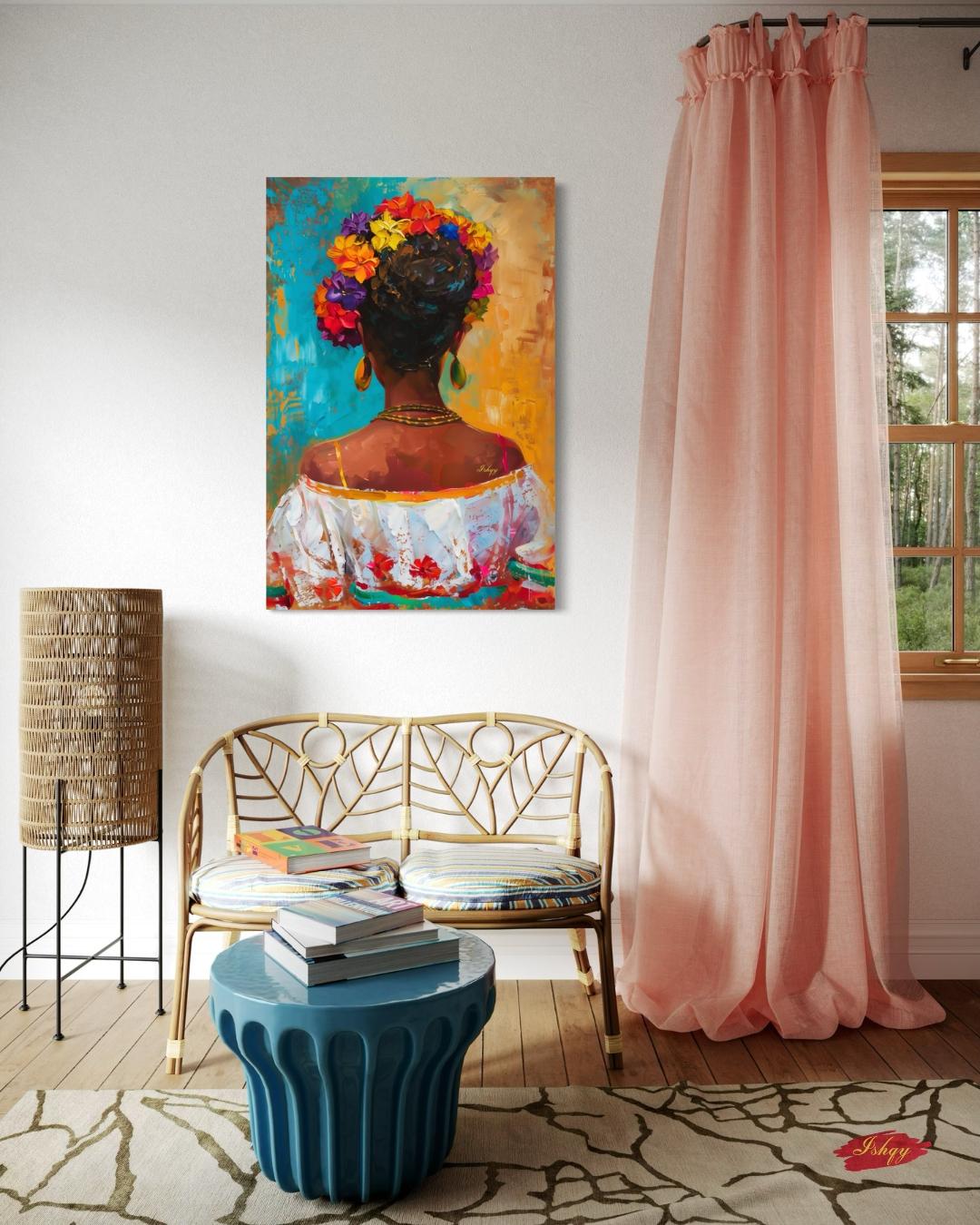 Brazilian Woman Floral Portrait Wall Art Print, Canvas, Framed Canvas, Colorful Tropical Boho Home Decor for Living Room and Bedroom